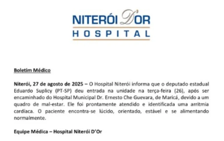 Nota do Hospital Niterói D'or divulgada pelo deputado nas redes sociais