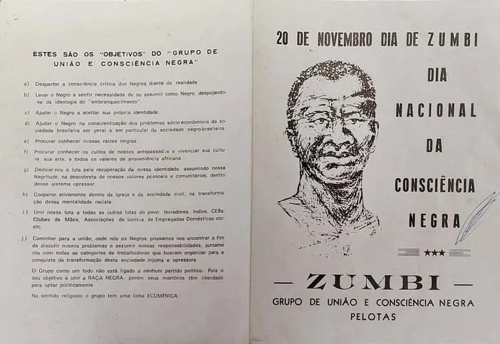 Panfleto divulgado pelo movimento negro que lutava pelo Dia da Consciência Negra