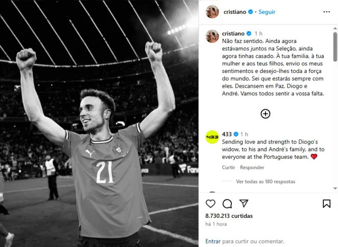 Cristiano Ronaldo lamentou a morte de Diogo Jota