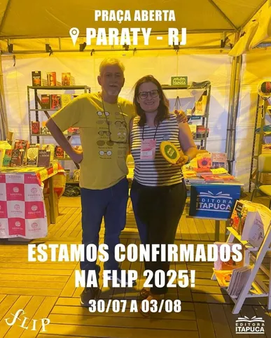 O editor e autor Celso Possas Júnior e a editora Juliana Possas esperam os leitores na Flip 2025