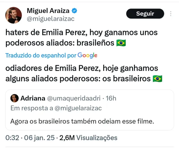 Vários comentários de muitos países reclamando no X, sobre Emilia perez