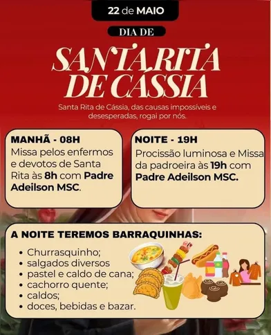 Confira a programação da Igreja Santa Rita de Cássia, na Raul Veiga
