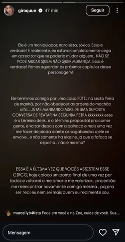 Giovanna Roque contou o motivo para o fim do relacionamento