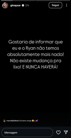 O anúncio foi feito no stories do Instagram