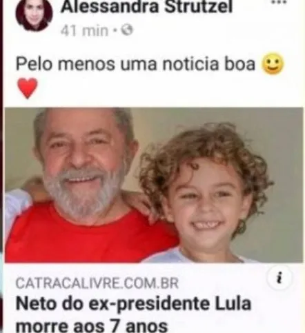 Alessandra Strutzel, que se dizia blogueira e escreveu "pelo menos uma boa notícia", ao compartilhar uma reportagem sobre o falecimento do garoto, era um falso perfil