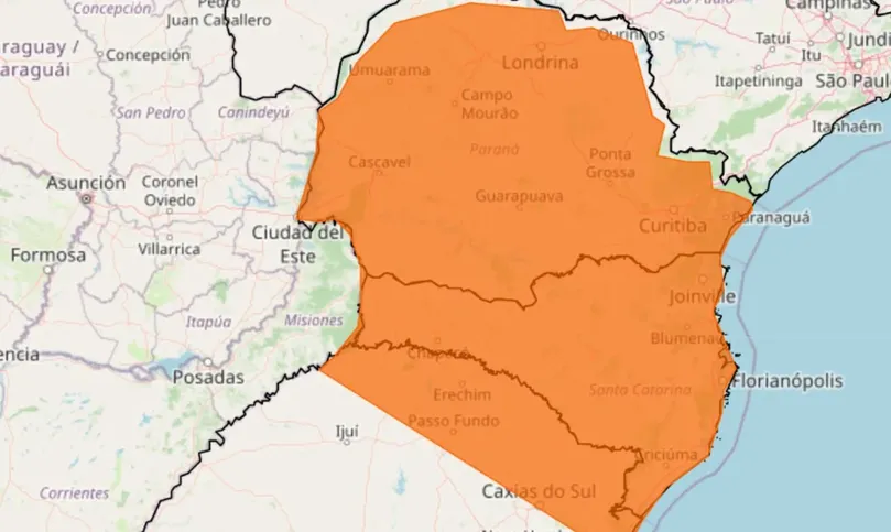 Alerta laranja para tempestade com ventos intensos e queda de granizo na região Sul do país