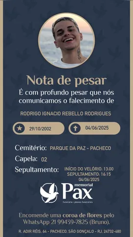 O sepultamento de Rodrigo foi marcado para às 16h30 desta quarta-feira (4)