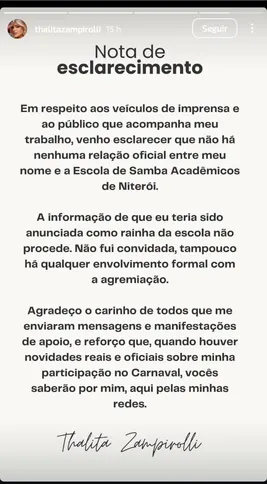 Nota de esclarecimento da  Thalita pelo storys do Instagram.