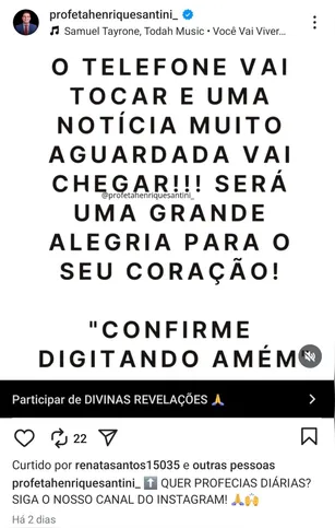 Post feito no instagram do pastor