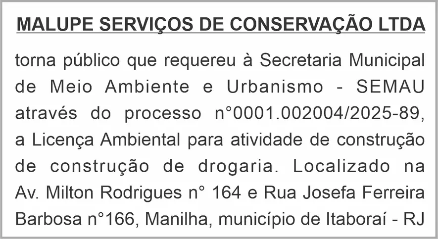 Imagem ilustrativa da imagem PUBLICAÇÃO DE REQUERIMENTO DE LICENÇA AMBIENTAL