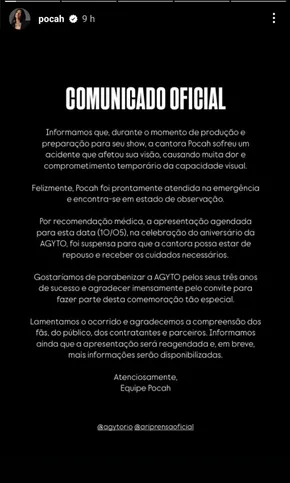 Comunicado divulgado nas redes sociais da cantora