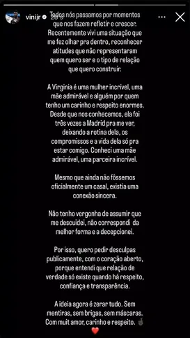 Vini Jr. pediu desculpas a Virginia publicamente após término do affair