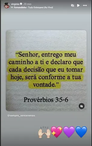 Virginia compartilhou mensagem religiosa nas redes sociais após pedido de desculpas de Vini Jr.