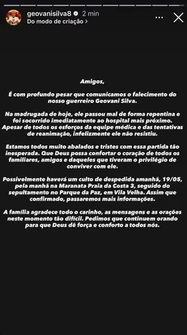 A morte foi confirmada pela família nas redes sociais do próprio Geovani