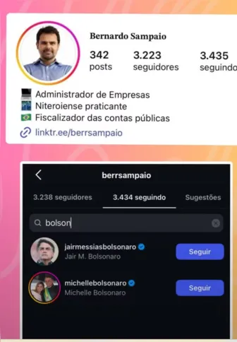 Para tentar aliviar as especulações e críticas, o ex-candidato a vereador de Niterói deixou de seguir o ex-presidente Jair Bolsonaro, mas manteve Michelle Bolsonaro, ex-primeira-dama, na sua lista de amigos