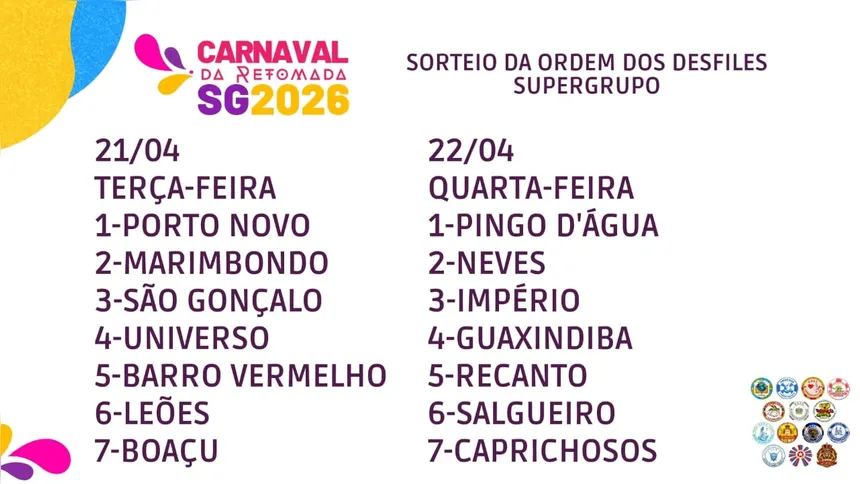 Ordem foi sorteada neste domingo (8), no Teatro Municipal