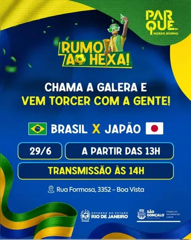 Parque RJ Nosso Sonho, em São Gonçalo, receberá o público para a transmissão do jogo