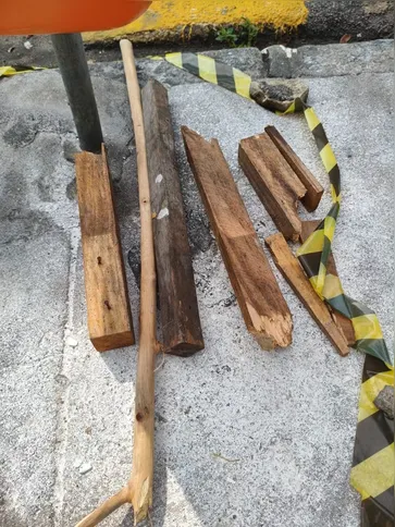 Pedaços de madeira que teriam sido usados para agredir capivara