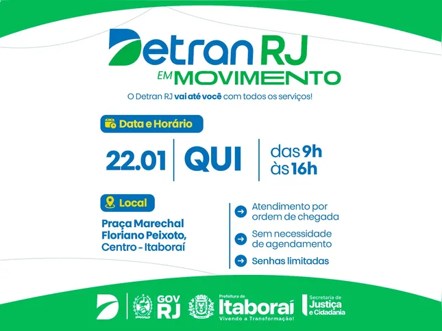 O Detran RJ levará o programa Detran em Movimento ao município de Itaboraí, na Região Metropolitana do Rio, nesta quinta-feira (22/1)
