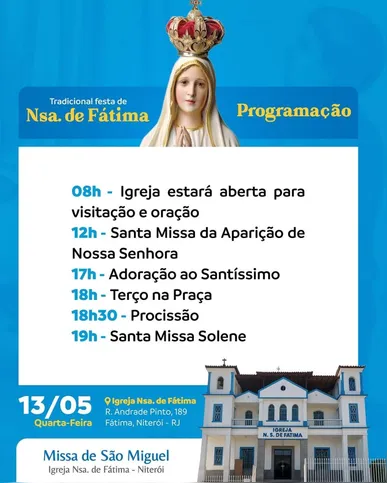 Confira a programação na Igreja Nossa Senhora de Fátima