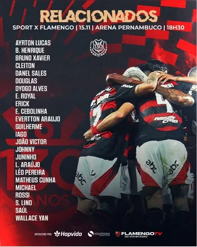 Relacionados do Flamengo para enfrentar o Sport, pelo Brasileirão