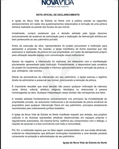 A Igreja Nova Vida de Estrela do Norte divulgou uma nota oficial esclarecendo os motivos