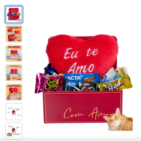 Cesta com chocolate e coração de pelúcia