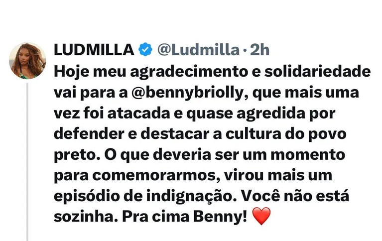 Imagem ilustrativa da imagem Ludmilla reage a ataques contra Benny Briolly na Câmara de Niterói: “Você não está sozinha”