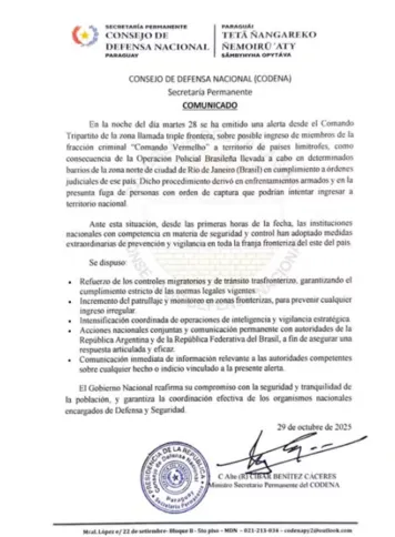 Comunicado do Conselho de Defesa Nacional do Paraguai