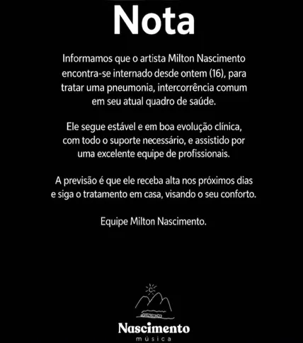 Imagem ilustrativa da imagem Milton Nascimento é internado com pneumonia no Rio de Janeiro
