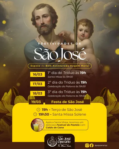 Paróquia São José divulga horários de missas e atividades ao longo do dia festivo