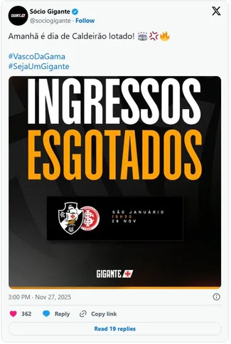 Vasco anuncia ingressos esgotados para jogo diante do Internacional