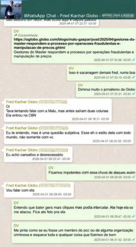 Mensagem de Daniel Vorcaro a Frederic Kachar sobre a cobertura jornalística da Globo