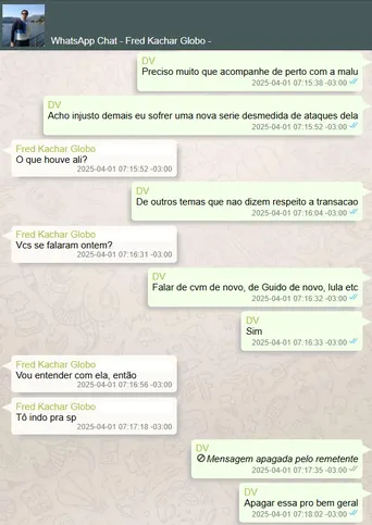 Mensagem de Daniel Vorcaro a Frederic Kachar sobre a cobertura jornalística da Globo
