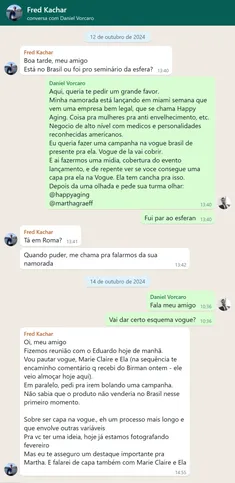 Mensagem de Daniel Vorcaro a Frederic Kachar sobre a sua então namorada