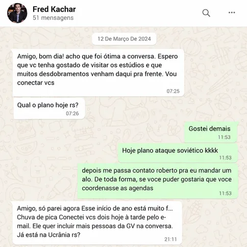 Em outras conversas, Kachar fazia referências à expressão “guerra na Ucrânia”, usada no grupo de Vorcaro para se referir a festas com mulheres estrangeiras.