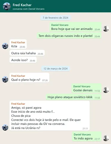Em outras conversas, Kachar fazia referências à expressão “guerra na Ucrânia”, usada no grupo de Vorcaro para se referir a festas com mulheres estrangeiras.