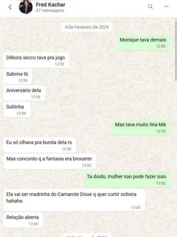 Mensagem de Daniel Vorcaro a Frederic Kachar sobre o Baile da Vogue