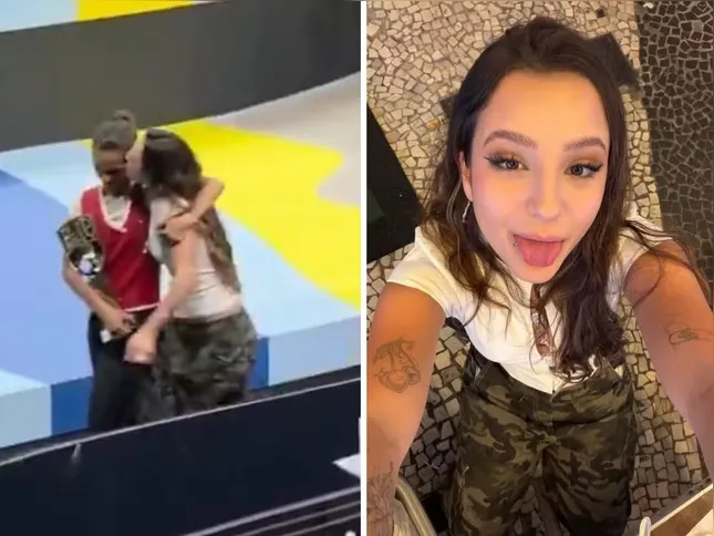 Duda dando um beijo em Rayssa Leal, após a conquista do Skate Street (SLS) Rio Takeover