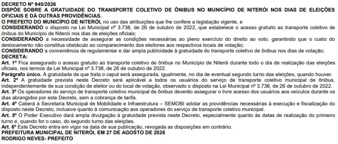 Imagem ilustrativa da imagem Ônibus municipais de Niterói terão gratuidade durante as eleições de 2026