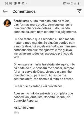 A pastora postou sua primeira publicação após ter sido indiciada pelo crime