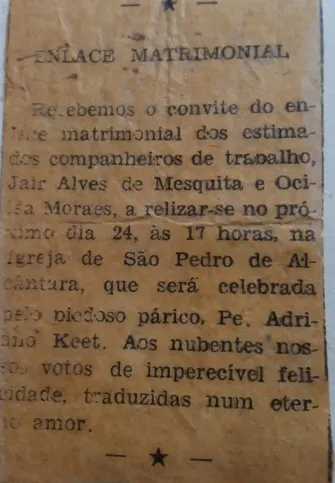 O convite de casamento dos dois foi publicado no O SÃO GONÇALO na época
