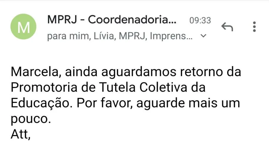 Última resposta enviada pelo Ministério Público