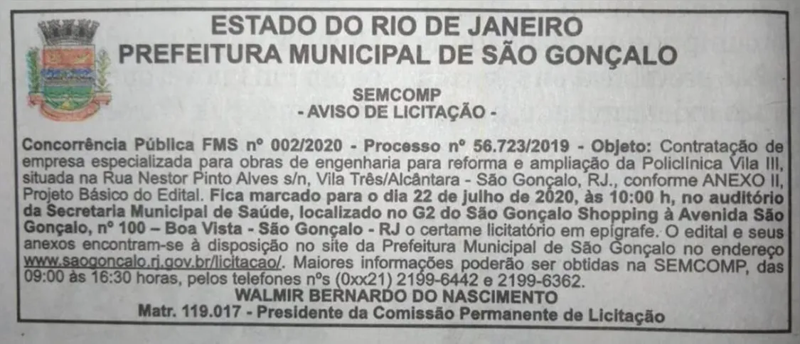 A Prefeitura publicou no Diário Oficial do Município um edital de licitação para "contratação de empresa especializada para obras de engenharia 