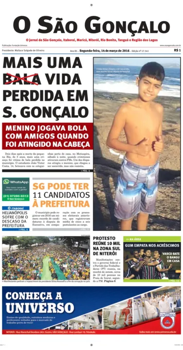 Imagem ilustrativa da imagem Capa da edição de segunda-feira, 14 de março de 2016