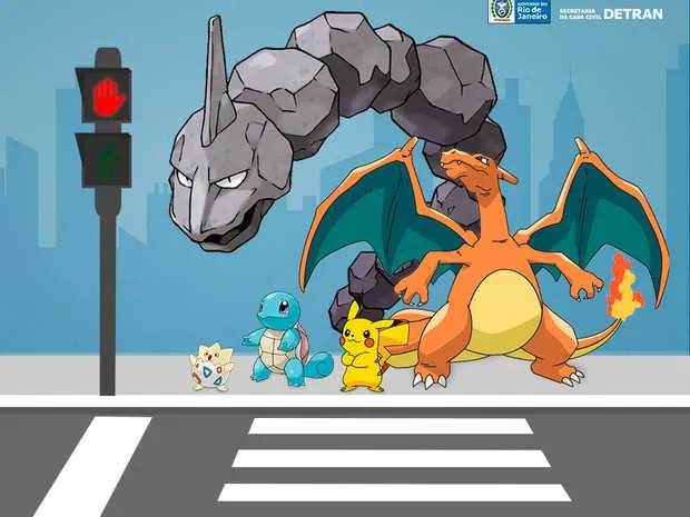 Campanha do Detran mostra Pokémons esperando para atravessar na faixa de pedestres