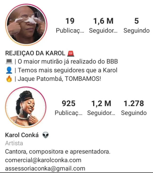 Comparação de seguidores dos perfis.