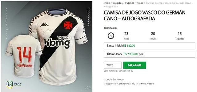 Camisa do Vasco, de Germán Cano, em leilão na internet