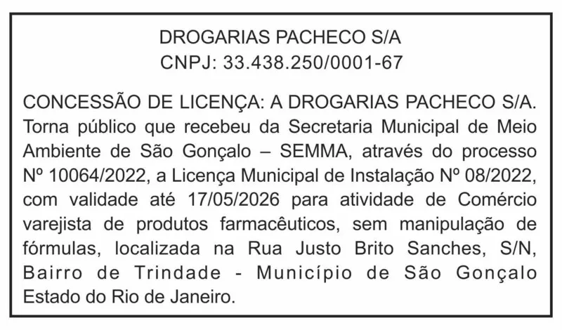 Imagem ilustrativa da imagem CONCESSÃO DE LICENÇA À DROGARIAS PACHECO S/A.