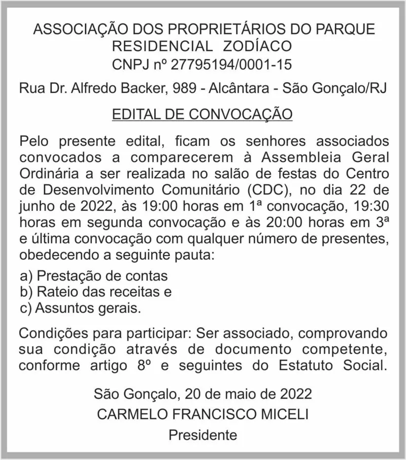 Imagem ilustrativa da imagem EDITAL DE CONVOCAÇÃO DO RESIDENCIAL ZODÍACO